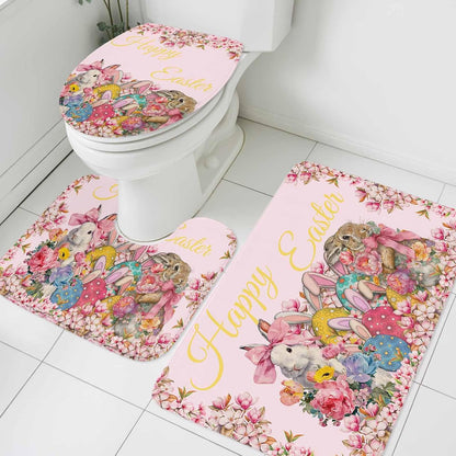 Light Pink Spring Easter Bathroom Rugs Mat Sets 3 Piece, Bunny Eggs Floral Botanical Bath Shower Rugs with U-Shaped Contour Toilet Mat, Small Absorbent Bathtub Runner Rugs Floor Mats