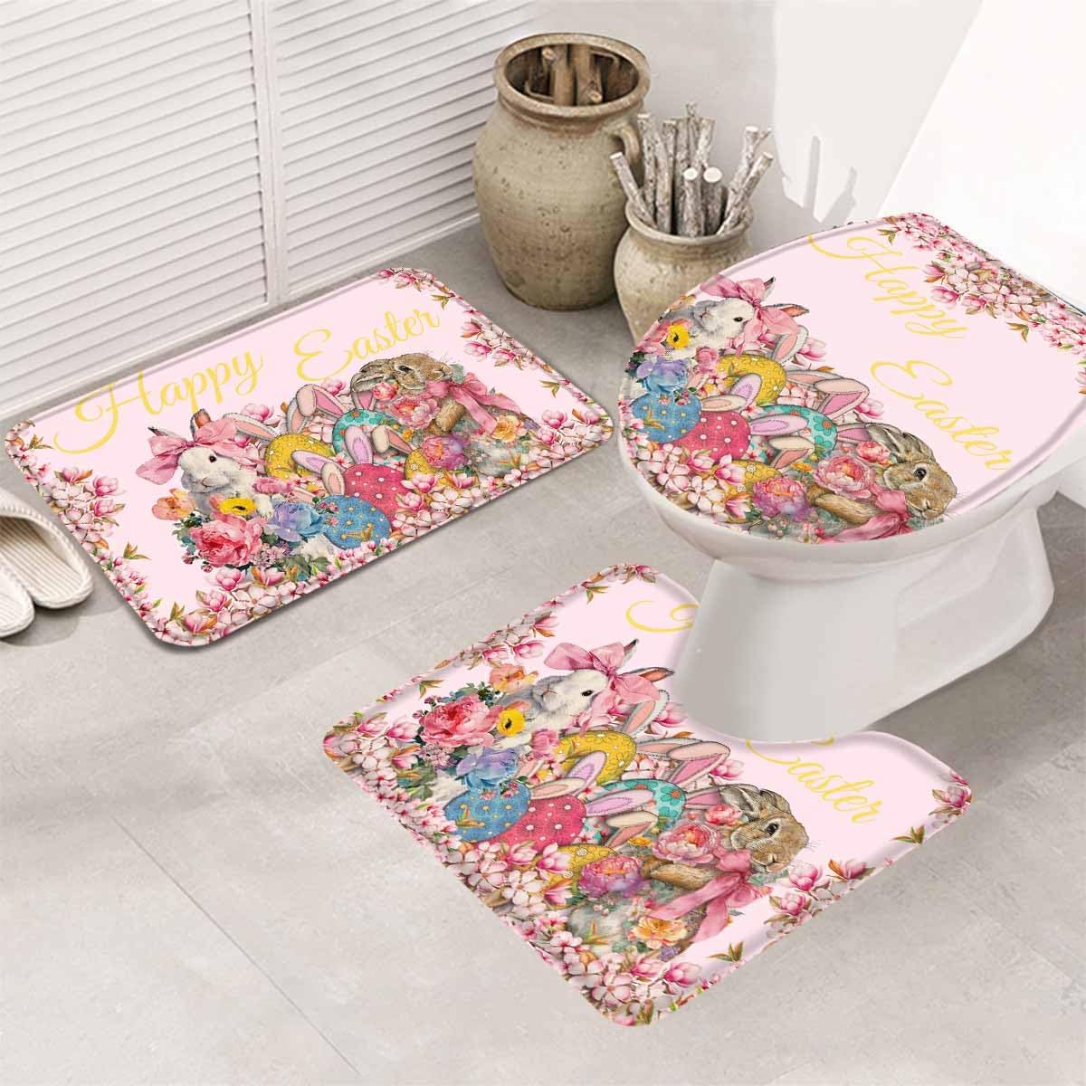 Light Pink Spring Easter Bathroom Rugs Mat Sets 3 Piece, Bunny Eggs Floral Botanical Bath Shower Rugs with U-Shaped Contour Toilet Mat, Small Absorbent Bathtub Runner Rugs Floor Mats