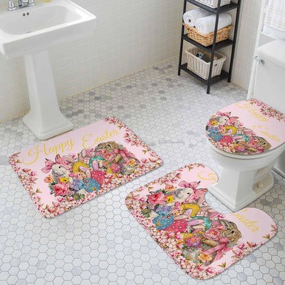 Light Pink Spring Easter Bathroom Rugs Mat Sets 3 Piece, Bunny Eggs Floral Botanical Bath Shower Rugs with U-Shaped Contour Toilet Mat, Small Absorbent Bathtub Runner Rugs Floor Mats