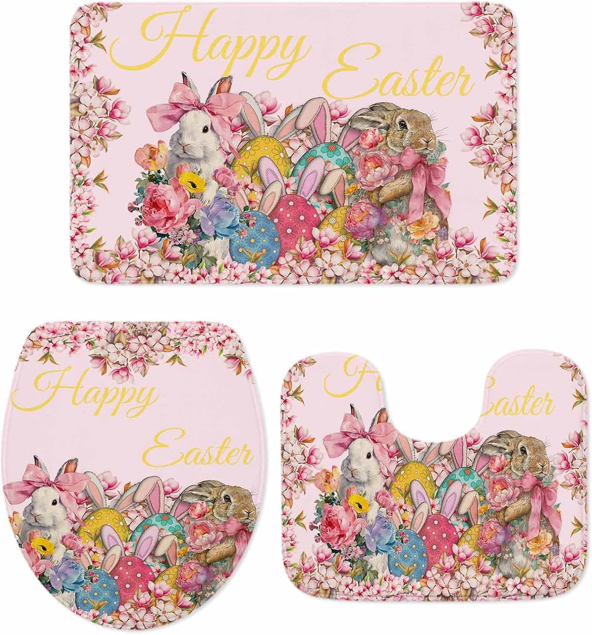 Light Pink Spring Easter Bathroom Rugs Mat Sets 3 Piece, Bunny Eggs Floral Botanical Bath Shower Rugs with U-Shaped Contour Toilet Mat, Small Absorbent Bathtub Runner Rugs Floor Mats