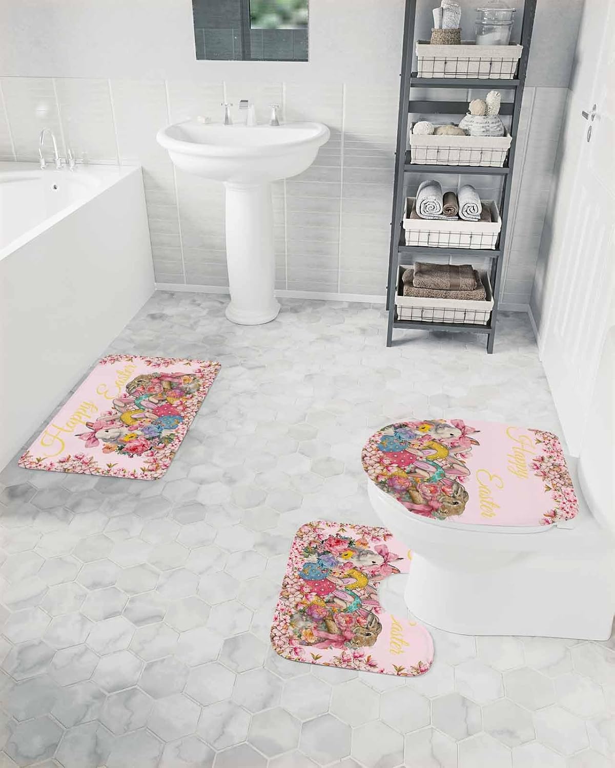 Light Pink Spring Easter Bathroom Rugs Mat Sets 3 Piece, Bunny Eggs Floral Botanical Bath Shower Rugs with U-Shaped Contour Toilet Mat, Small Absorbent Bathtub Runner Rugs Floor Mats