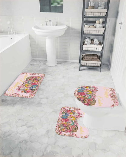 Light Pink Spring Easter Bathroom Rugs Mat Sets 3 Piece, Bunny Eggs Floral Botanical Bath Shower Rugs with U-Shaped Contour Toilet Mat, Small Absorbent Bathtub Runner Rugs Floor Mats