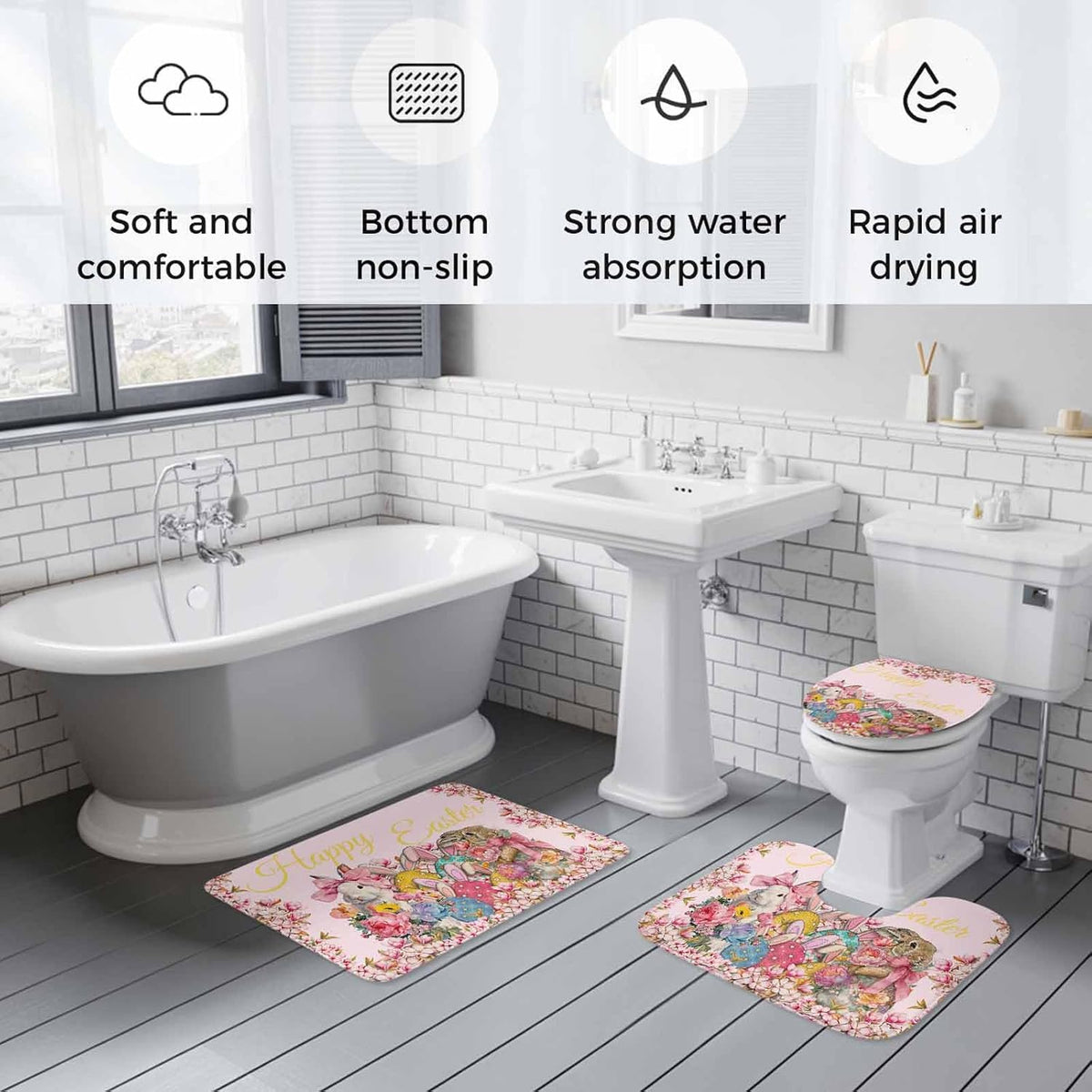 Light Pink Spring Easter Bathroom Rugs Mat Sets 3 Piece, Bunny Eggs Floral Botanical Bath Shower Rugs with U-Shaped Contour Toilet Mat, Small Absorbent Bathtub Runner Rugs Floor Mats