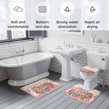 Light Pink Spring Easter Bathroom Rugs Mat Sets 3 Piece, Bunny Eggs Floral Botanical Bath Shower Rugs with U-Shaped Contour Toilet Mat, Small Absorbent Bathtub Runner Rugs Floor Mats