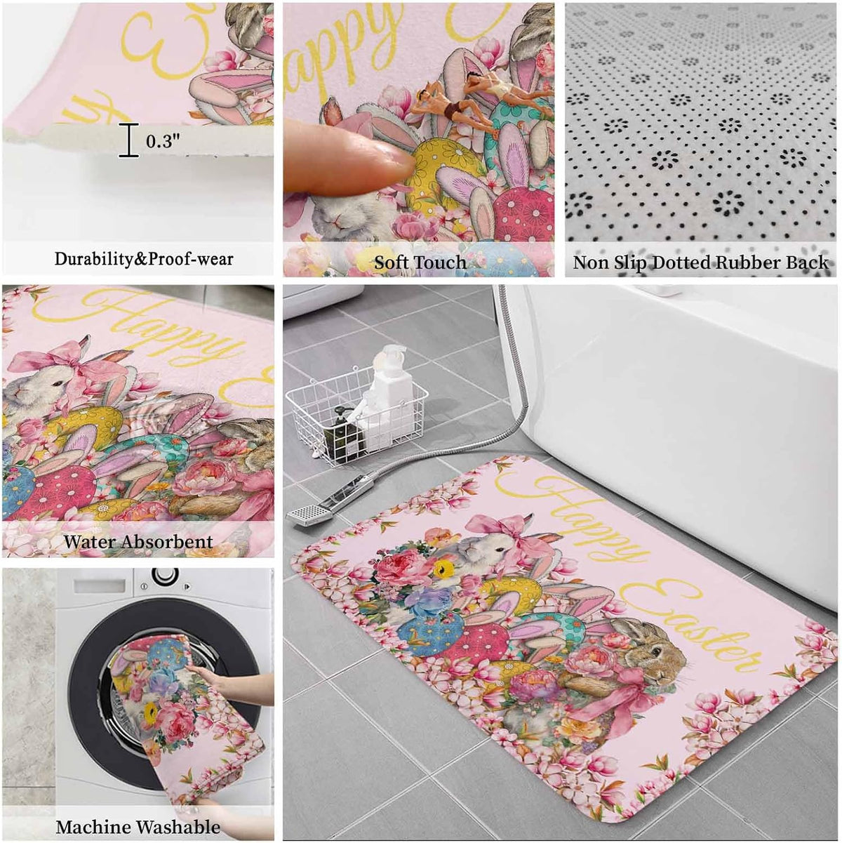 Light Pink Spring Easter Bathroom Rugs Mat Sets 3 Piece, Bunny Eggs Floral Botanical Bath Shower Rugs with U-Shaped Contour Toilet Mat, Small Absorbent Bathtub Runner Rugs Floor Mats