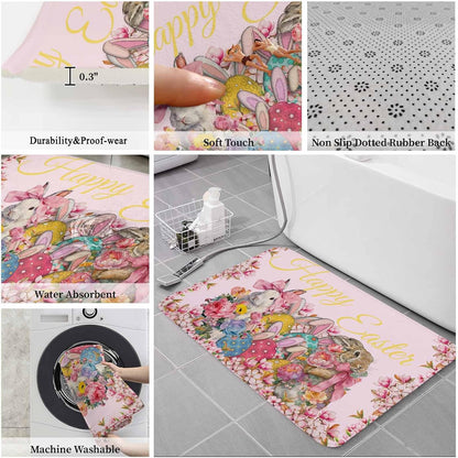 Light Pink Spring Easter Bathroom Rugs Mat Sets 3 Piece, Bunny Eggs Floral Botanical Bath Shower Rugs with U-Shaped Contour Toilet Mat, Small Absorbent Bathtub Runner Rugs Floor Mats