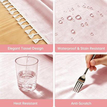 Pink Tablecloth Round Table 55" x 55" Linen Look Texture Cotton Tablecloth Waterproof Wrinkle Free Heavy Duty Tables Cover with Tassel for Kitchen Dining Holiday Party