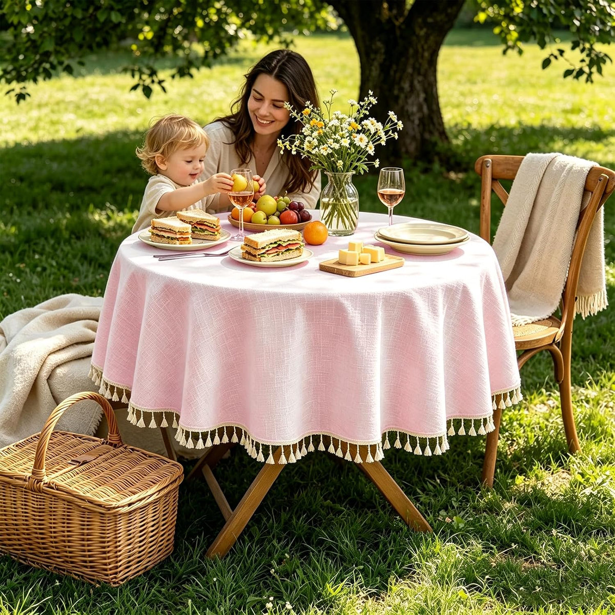 Pink Tablecloth Round Table 55" x 55" Linen Look Texture Cotton Tablecloth Waterproof Wrinkle Free Heavy Duty Tables Cover with Tassel for Kitchen Dining Holiday Party