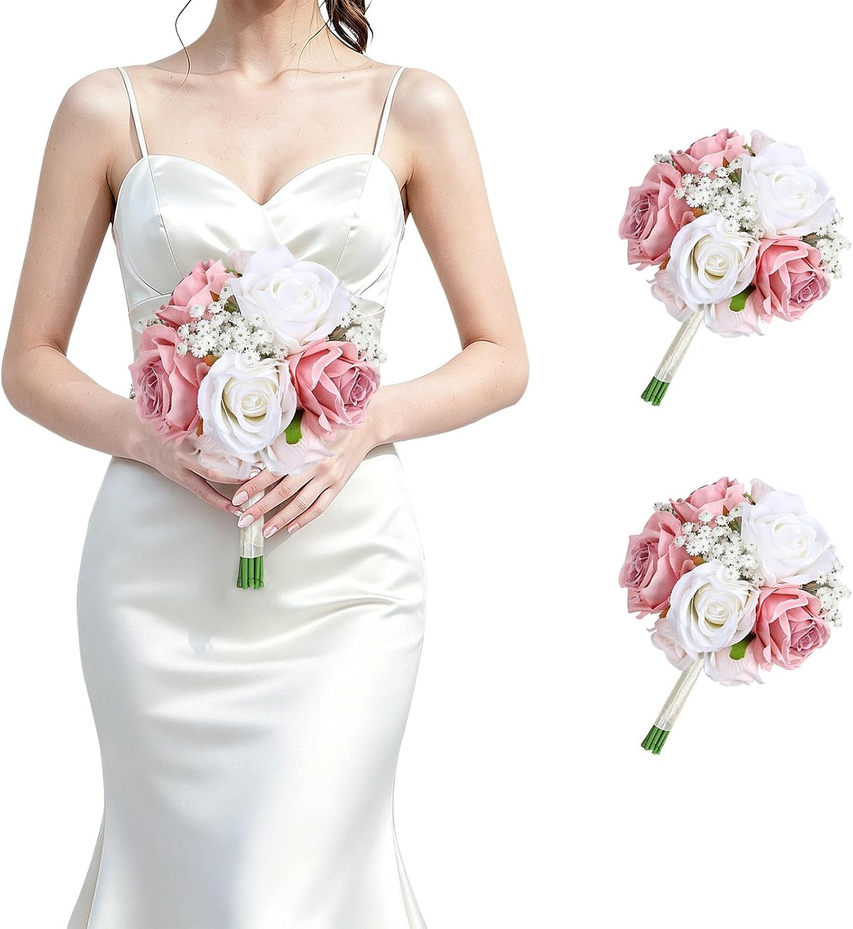 Dusty Pink & White Wedding Bridesmaid Bouquets Set of 2