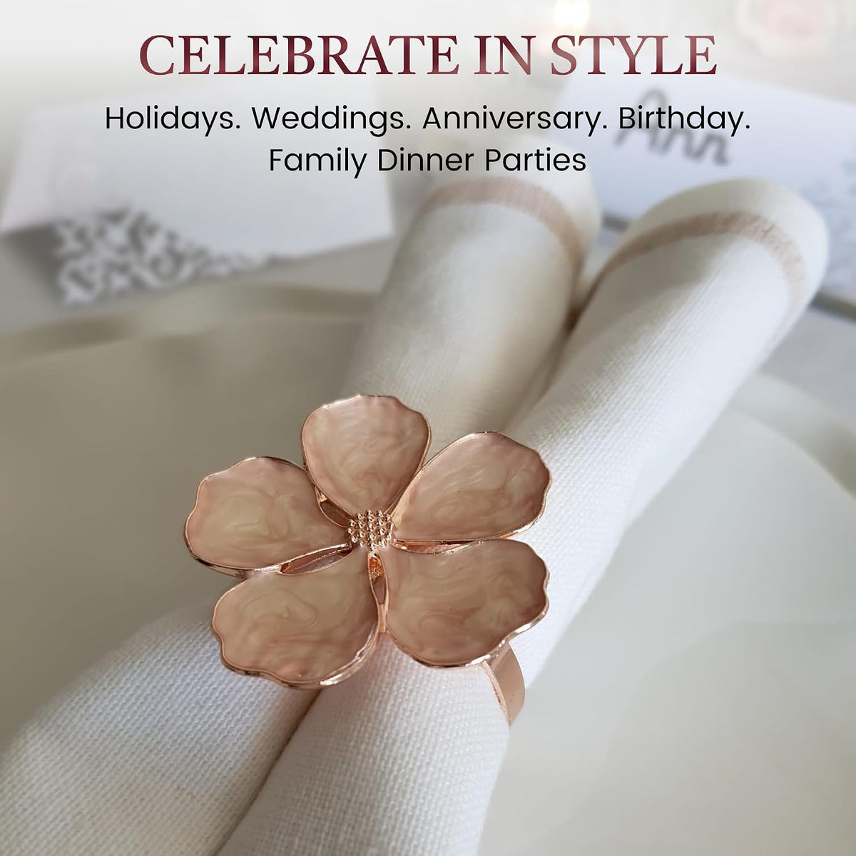 Napkin Rings Set of 6 Rose Gold Flower Napkin Rings, 24 Place Cards for Elegant Table Decoration, Holiday Family Dinner Party, Easter, Christmas, Thanksgiving, Gift, Birthday, Wedding