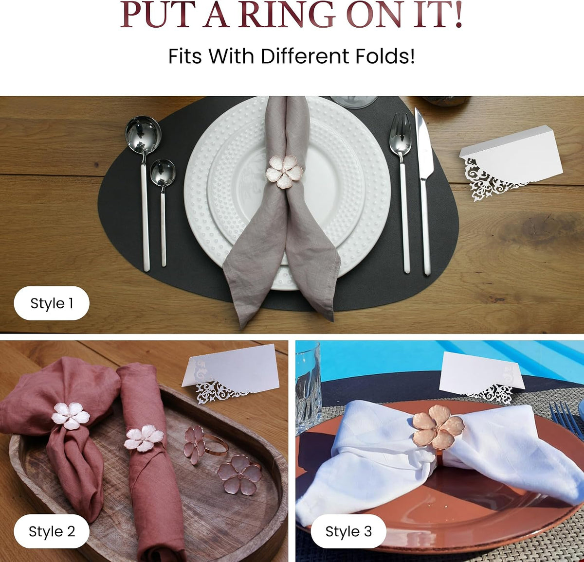 Napkin Rings Set of 6 Rose Gold Flower Napkin Rings, 24 Place Cards for Elegant Table Decoration, Holiday Family Dinner Party, Easter, Christmas, Thanksgiving, Gift, Birthday, Wedding