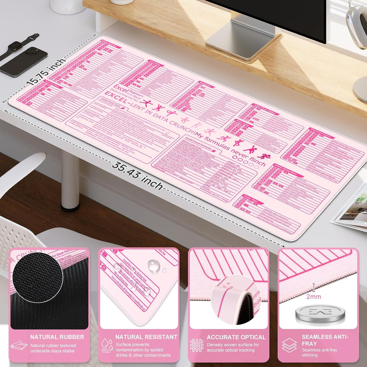 Pink Excel Cheat Sheet Desk Mat with Excel for Dummies