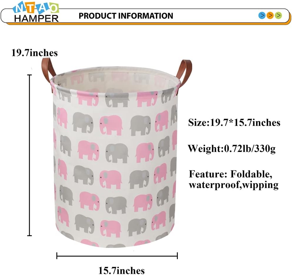 Laundry Basket,Waterproof Hamper,Clothes Hampers for Nursery,Gift Basket,Room Decor,Collapsible Storage Basket (Pink Elephant)