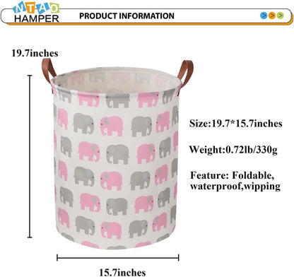 Laundry Basket,Waterproof Hamper,Clothes Hampers for Nursery,Gift Basket,Room Decor,Collapsible Storage Basket (Pink Elephant)
