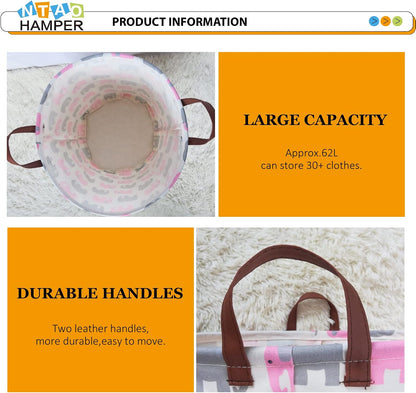 Laundry Basket,Waterproof Hamper,Clothes Hampers for Nursery,Gift Basket,Room Decor,Collapsible Storage Basket (Pink Elephant)