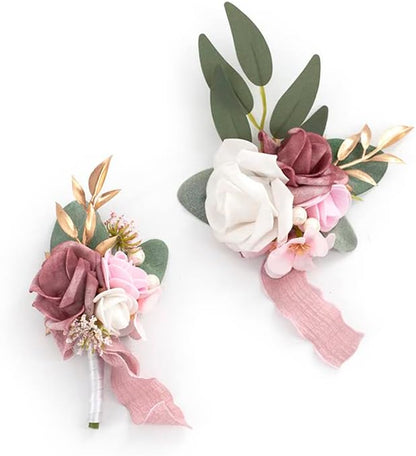 Dusty Rose Wrist Corsage and Boutonniere Set, Light Pink White