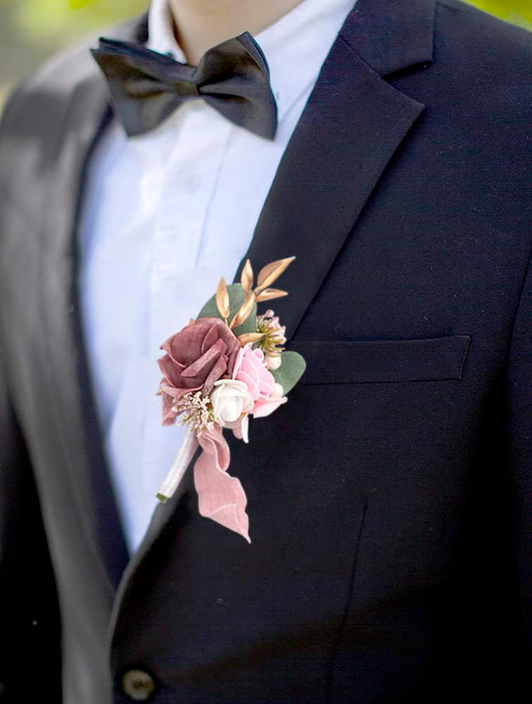 Dusty Rose Wrist Corsage and Boutonniere Set, Light Pink White