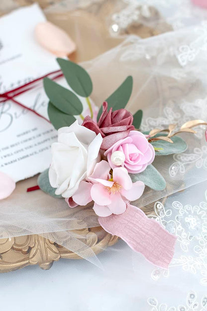 Dusty Rose Wrist Corsage and Boutonniere Set, Light Pink White