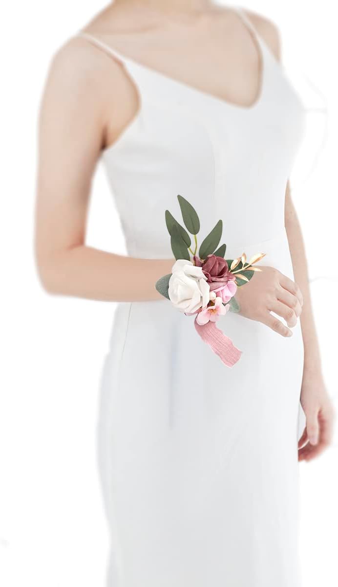 Dusty Rose Wrist Corsage and Boutonniere Set, Light Pink White