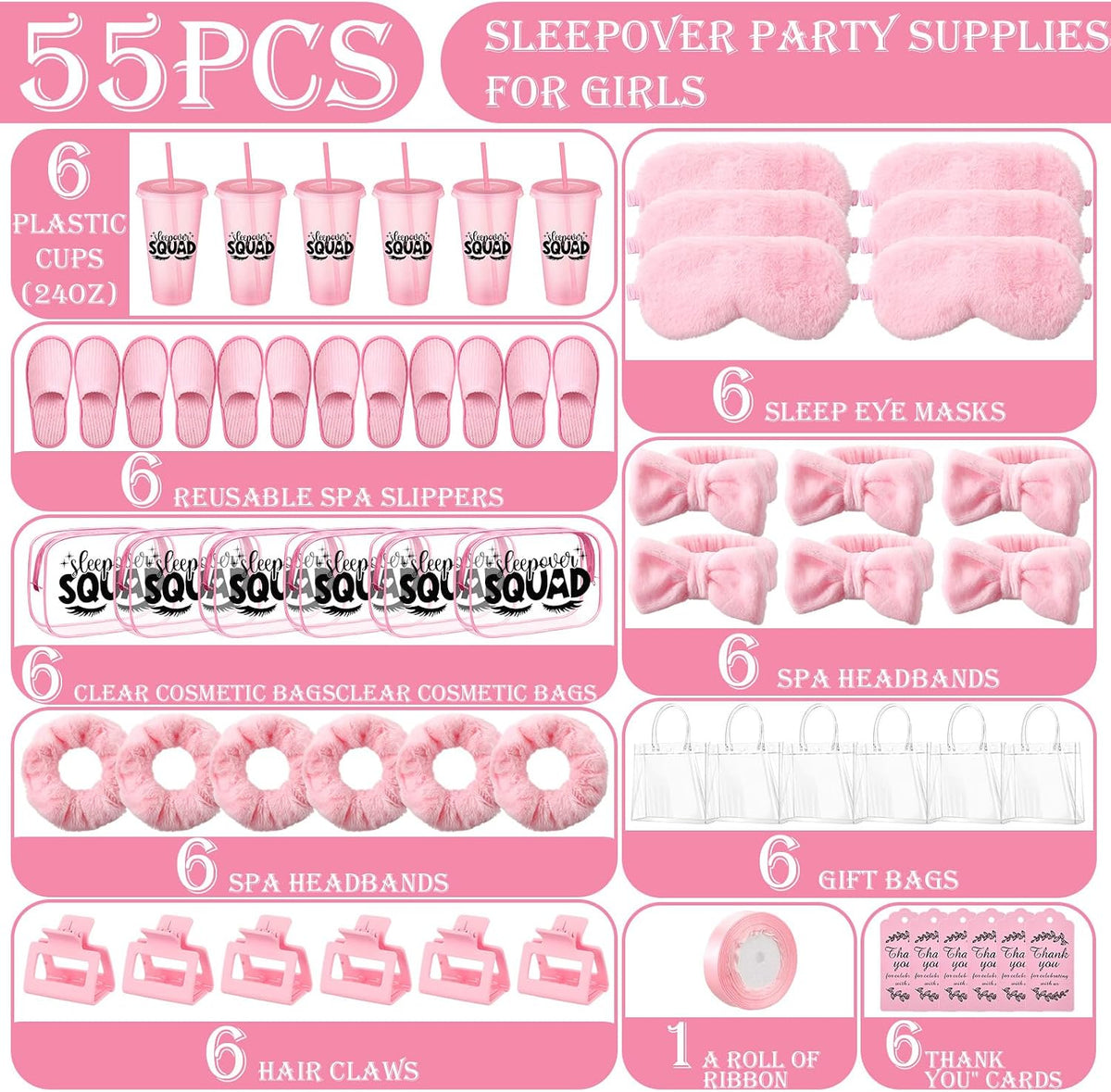 6 Sets Pink Sleepover Party Supplies Birthday Squad Spa Theme