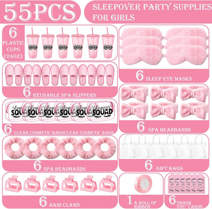 6 Sets Pink Sleepover Party Supplies Birthday Squad Spa Theme