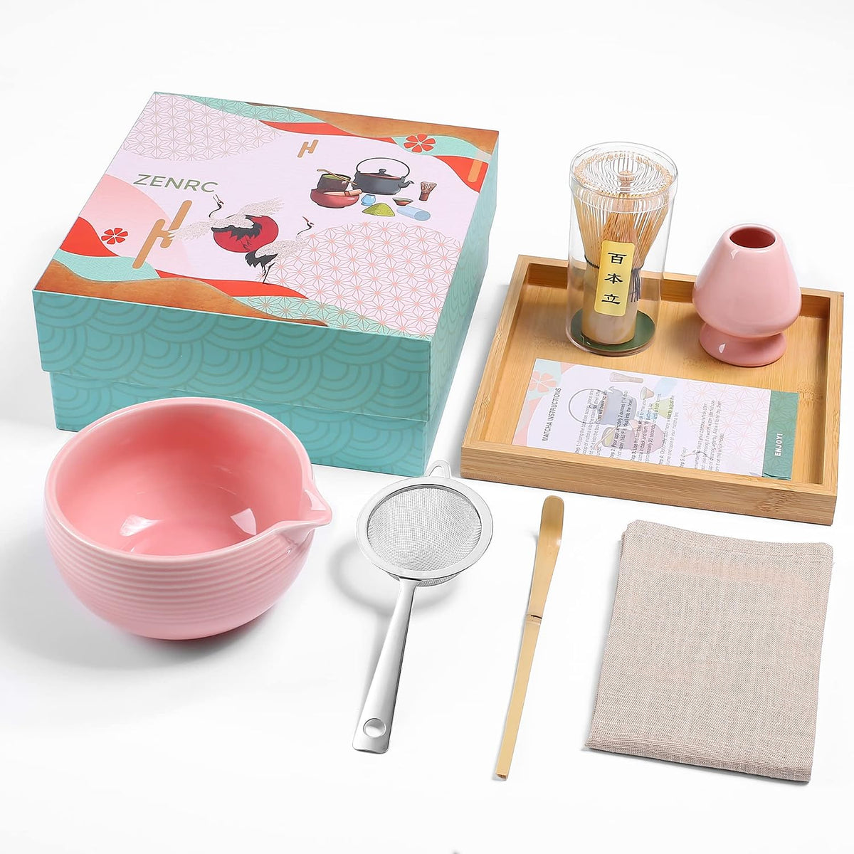 Ceremony Matcha Kit - Traditional Bamboo Matcha Whisk (Chasen) Scoop (Chashaku) Chawan Bowl with Pouring Spout Whisk Holder Sifter Tea Tray - The Perfect Matcha Set (Baby Pink, Set of 7)
