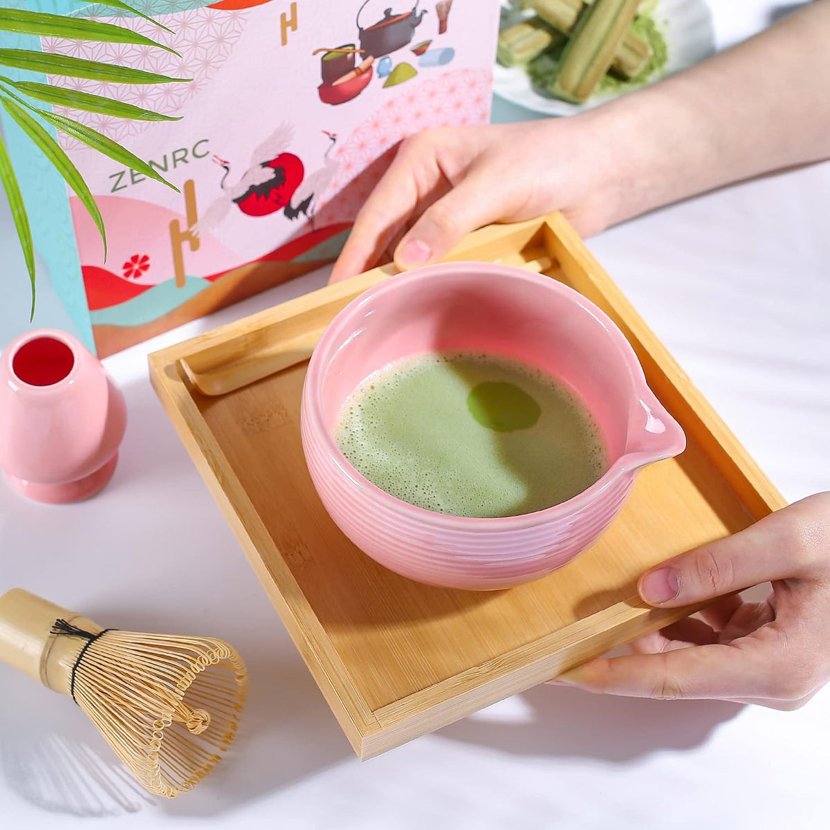 Ceremony Matcha Kit - Traditional Bamboo Matcha Whisk (Chasen) Scoop (Chashaku) Chawan Bowl with Pouring Spout Whisk Holder Sifter Tea Tray - The Perfect Matcha Set (Baby Pink, Set of 7)