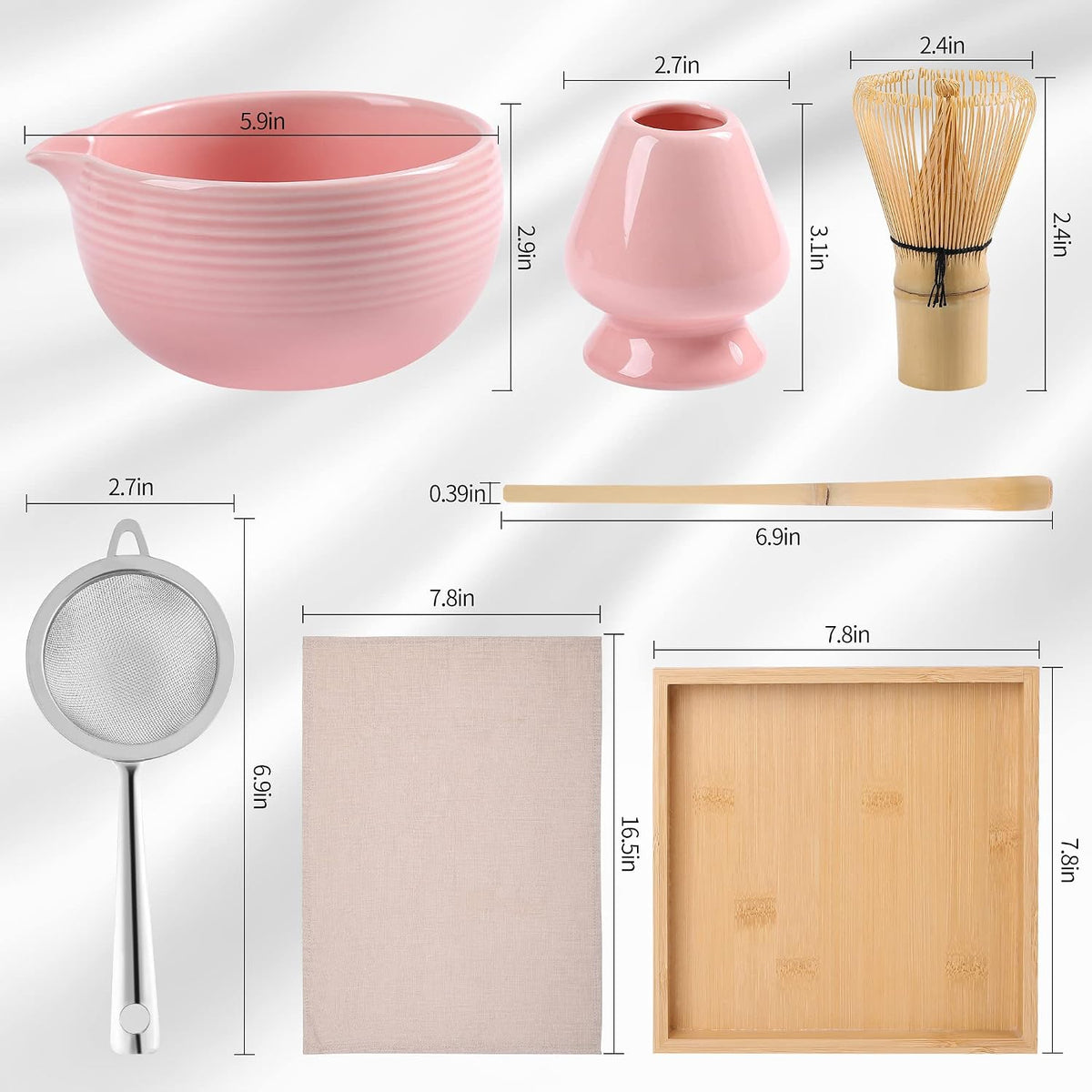 Ceremony Matcha Kit - Traditional Bamboo Matcha Whisk (Chasen) Scoop (Chashaku) Chawan Bowl with Pouring Spout Whisk Holder Sifter Tea Tray - The Perfect Matcha Set (Baby Pink, Set of 7)