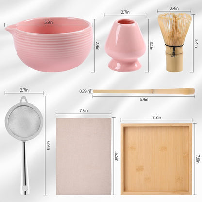 Ceremony Matcha Kit - Traditional Bamboo Matcha Whisk (Chasen) Scoop (Chashaku) Chawan Bowl with Pouring Spout Whisk Holder Sifter Tea Tray - The Perfect Matcha Set (Baby Pink, Set of 7)