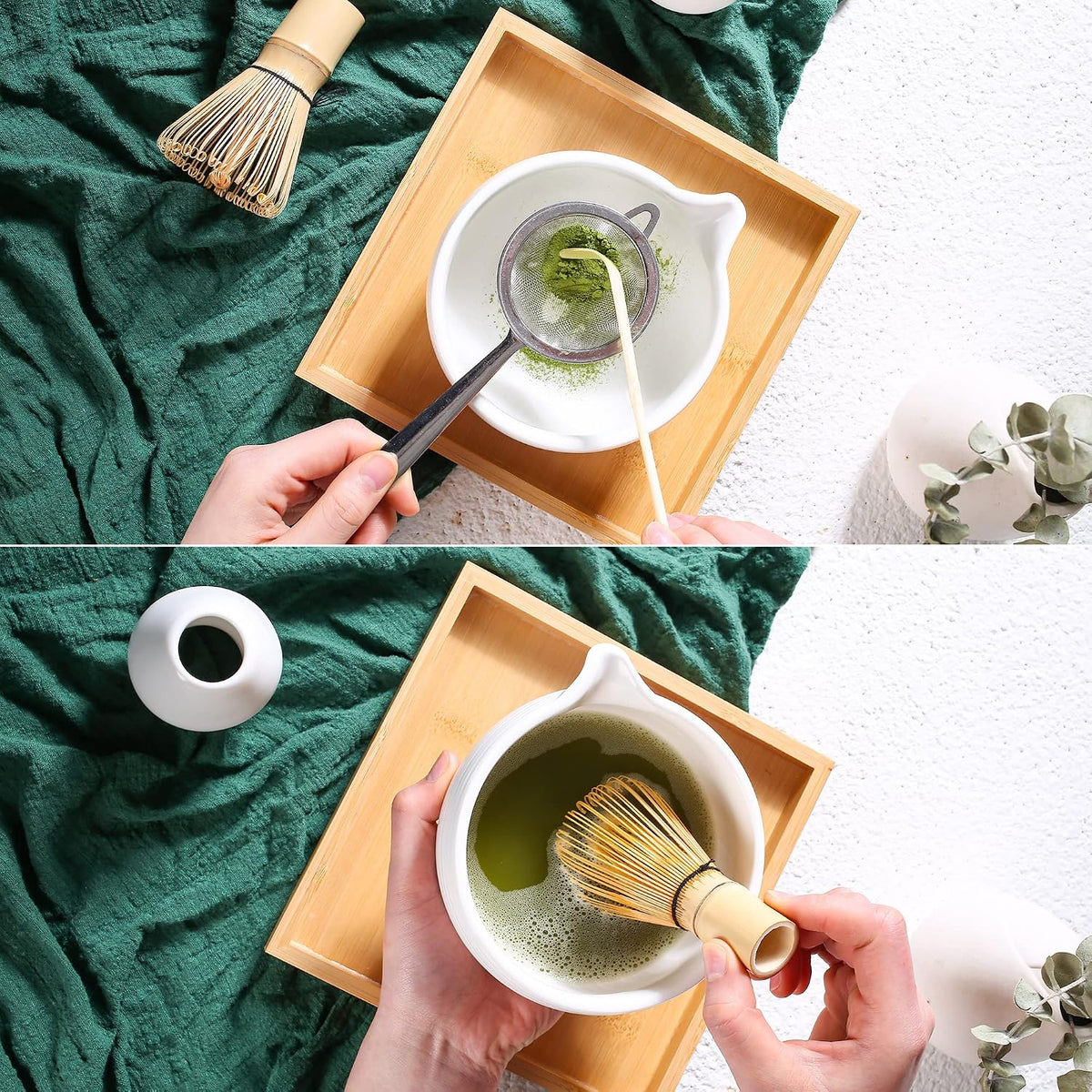 Ceremony Matcha Kit - Traditional Bamboo Matcha Whisk (Chasen) Scoop (Chashaku) Chawan Bowl with Pouring Spout Whisk Holder Sifter Tea Tray - The Perfect Matcha Set (Baby Pink, Set of 7)