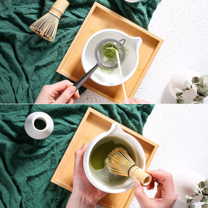 Ceremony Matcha Kit - Traditional Bamboo Matcha Whisk (Chasen) Scoop (Chashaku) Chawan Bowl with Pouring Spout Whisk Holder Sifter Tea Tray - The Perfect Matcha Set (Baby Pink, Set of 7)