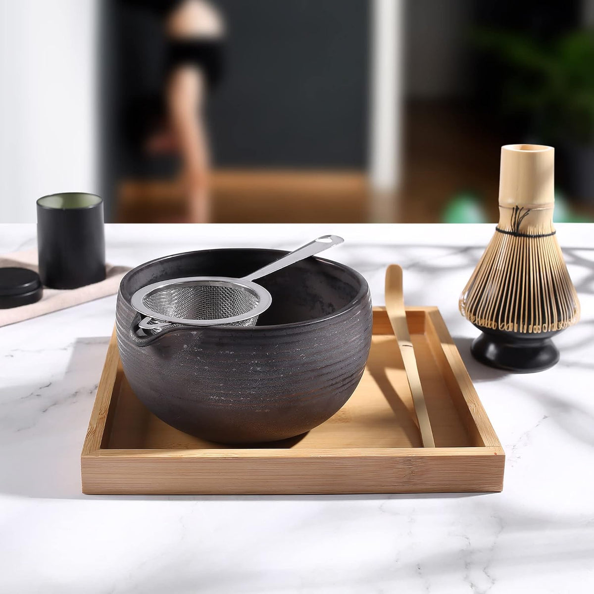 Ceremony Matcha Kit - Traditional Bamboo Matcha Whisk (Chasen) Scoop (Chashaku) Chawan Bowl with Pouring Spout Whisk Holder Sifter Tea Tray - The Perfect Matcha Set (Baby Pink, Set of 7)