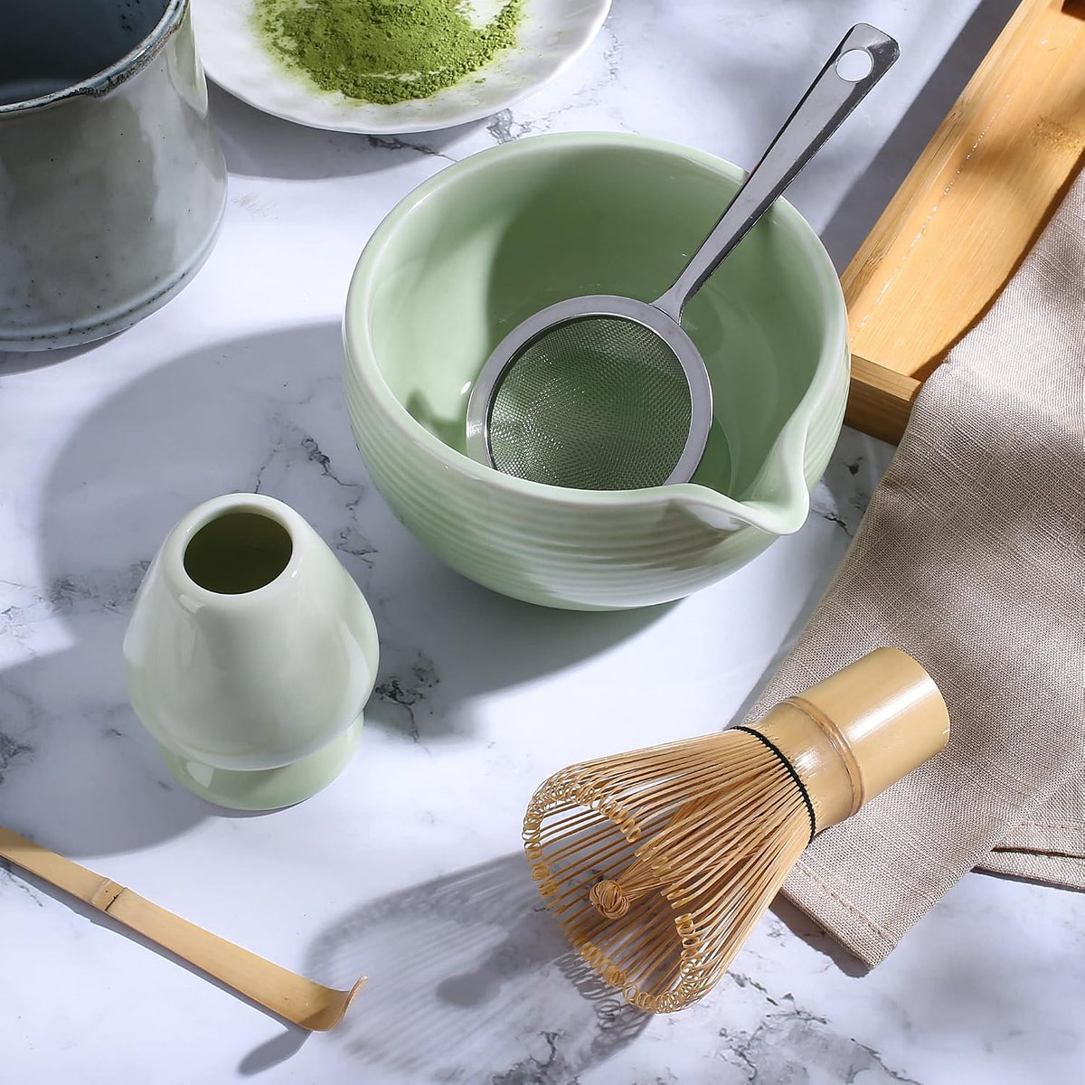 Ceremony Matcha Kit - Traditional Bamboo Matcha Whisk (Chasen) Scoop (Chashaku) Chawan Bowl with Pouring Spout Whisk Holder Sifter Tea Tray - The Perfect Matcha Set (Baby Pink, Set of 7)