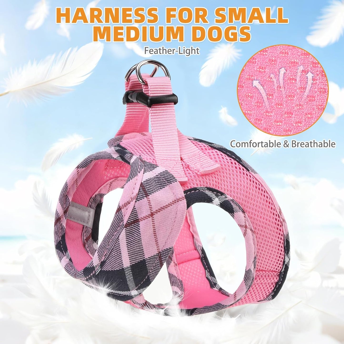 Small Dog Harness and Leash Set, Cute Pink Girl Puppy Harness, Step in No Pull Soft Mesh Pet Vest Harness Collar for Small Size Dogs Cats, Plaid Dog Halters for Outdoor Walking, Pink S