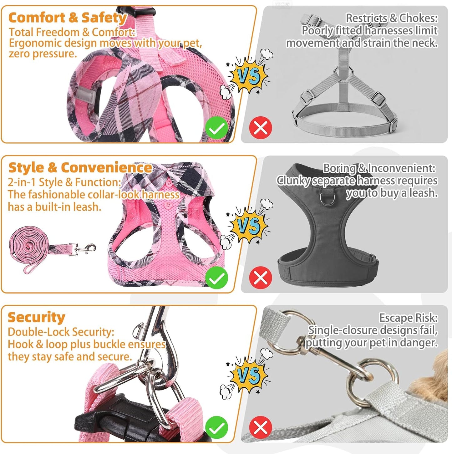Small Dog Harness and Leash Set, Cute Pink Girl Puppy Harness, Step in No Pull Soft Mesh Pet Vest Harness Collar for Small Size Dogs Cats, Plaid Dog Halters for Outdoor Walking, Pink S