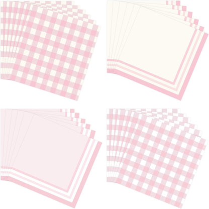 48Pcs Light Pink Cocktail Napkins - Folded 5 x 5 Inch Gingham Paper Napkins Disposable Gradient Decorative Beverage Napkins for Dinner Wedding Birthday Party Supplies, 4 Styles