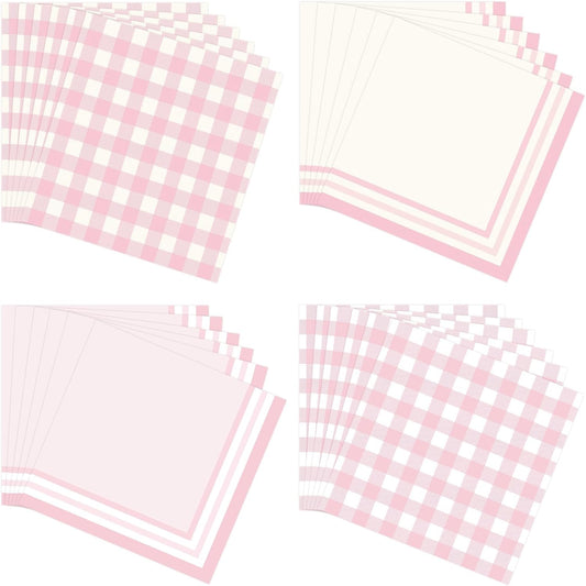 48Pcs Light Pink Cocktail Napkins - Folded 5 x 5 Inch Gingham Paper Napkins Disposable Gradient Decorative Beverage Napkins for Dinner Wedding Birthday Party Supplies, 4 Styles
