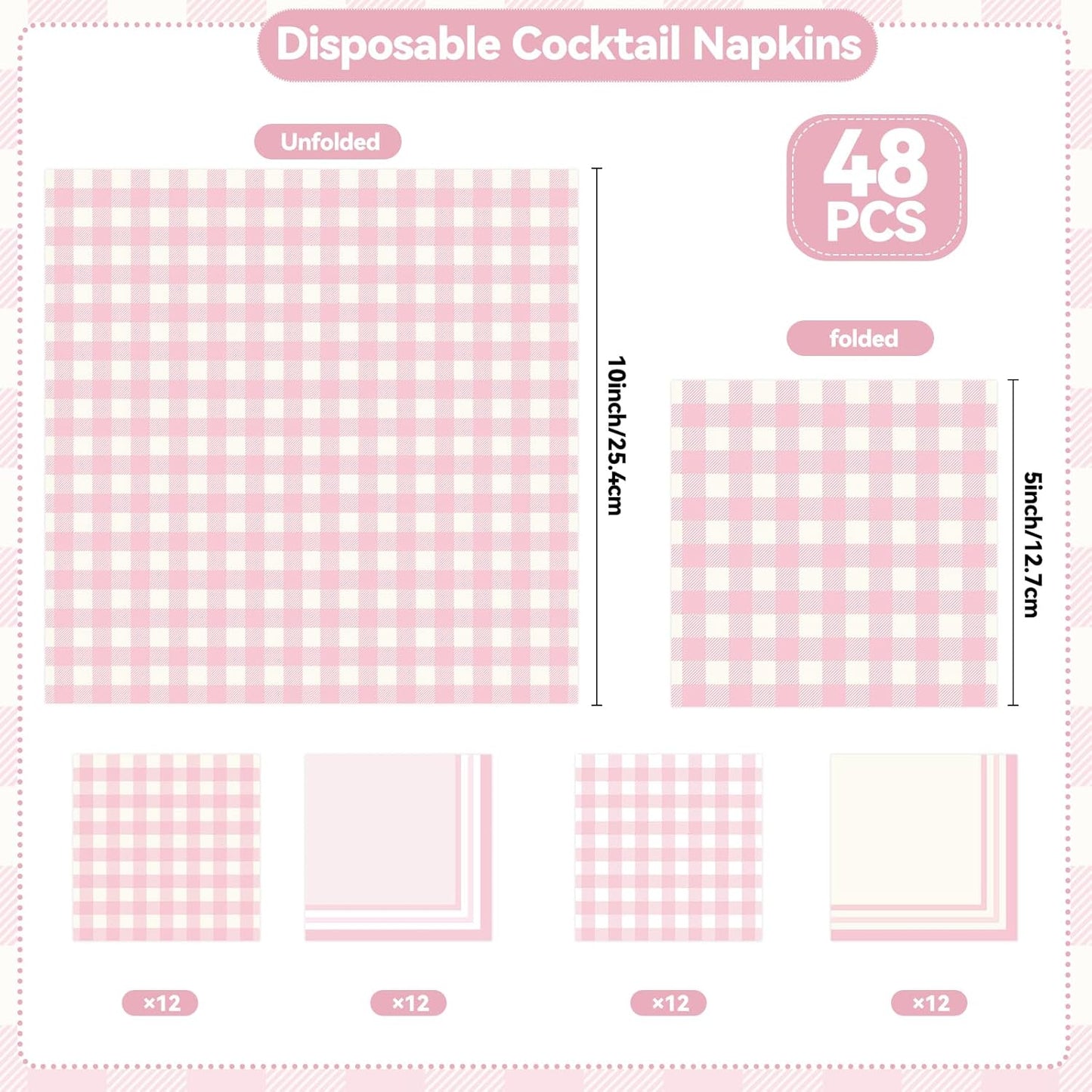 48Pcs Light Pink Cocktail Napkins - Folded 5 x 5 Inch Gingham Paper Napkins Disposable Gradient Decorative Beverage Napkins for Dinner Wedding Birthday Party Supplies, 4 Styles