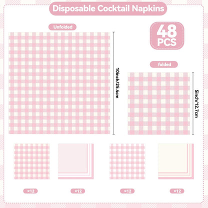 48Pcs Light Pink Cocktail Napkins - Folded 5 x 5 Inch Gingham Paper Napkins Disposable Gradient Decorative Beverage Napkins for Dinner Wedding Birthday Party Supplies, 4 Styles