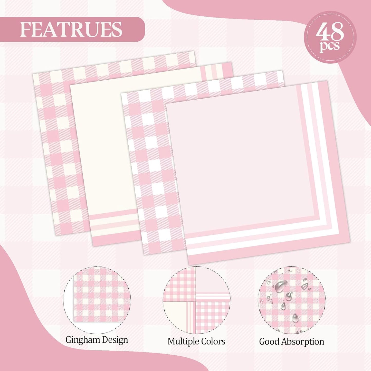 48Pcs Light Pink Cocktail Napkins - Folded 5 x 5 Inch Gingham Paper Napkins Disposable Gradient Decorative Beverage Napkins for Dinner Wedding Birthday Party Supplies, 4 Styles