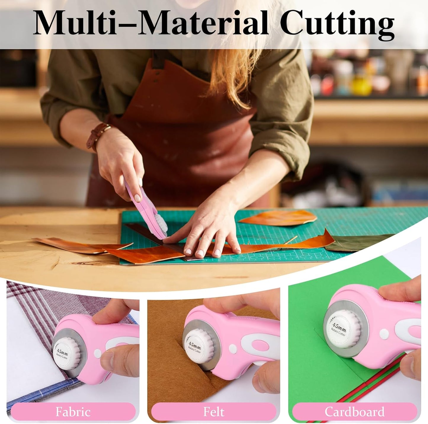 45mm Rotary Cutter for Fabric with 5 Extra Blades, Ergonomic Roller Fabric Cutter Cuts Through Multiple Layers, Safety Lock for Left and Right Handed, Professional Sewing & Quilting Tools (Pink)