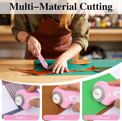 45mm Rotary Cutter for Fabric with 5 Extra Blades, Ergonomic Roller Fabric Cutter Cuts Through Multiple Layers, Safety Lock for Left and Right Handed, Professional Sewing & Quilting Tools (Pink)