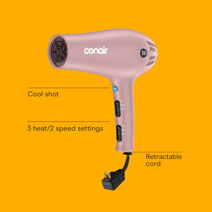 Hair Dryer with Diffuser & Concentrator, 1875W, Matte Light Pink
