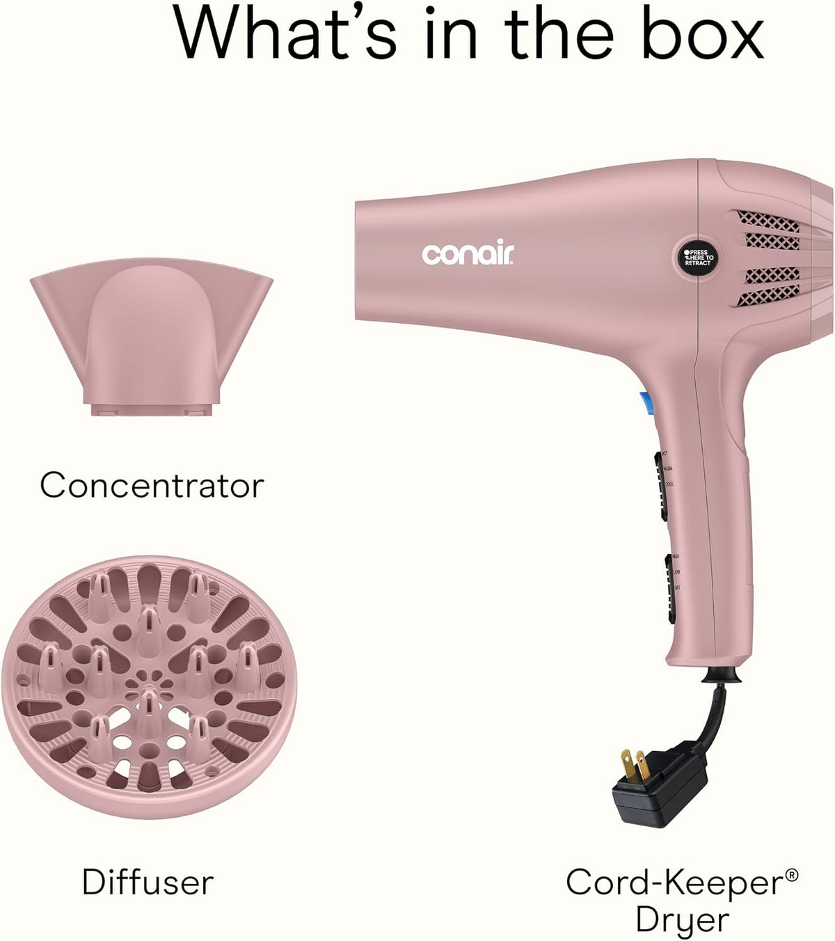 Hair Dryer with Diffuser & Concentrator, 1875W, Matte Light Pink