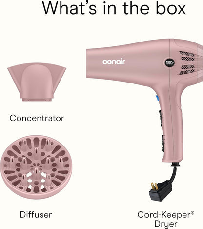 Hair Dryer with Diffuser & Concentrator, 1875W, Matte Light Pink