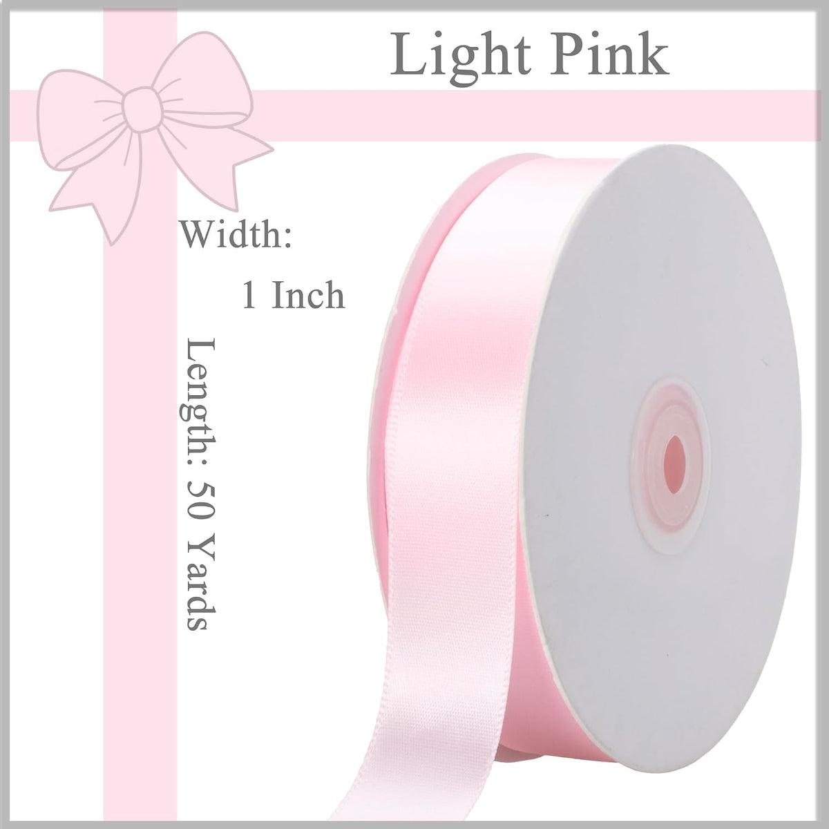 Light Pink Ribbon 1 Inch x 50 Yards, Single Face Polyester Satin Ribbon for Gift Wrapping, Handmade Roses, Christmas, Wedding, Birthday Party Decorations