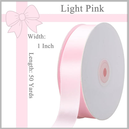 Light Pink Ribbon 1 Inch x 50 Yards, Single Face Polyester Satin Ribbon for Gift Wrapping, Handmade Roses, Christmas, Wedding, Birthday Party Decorations