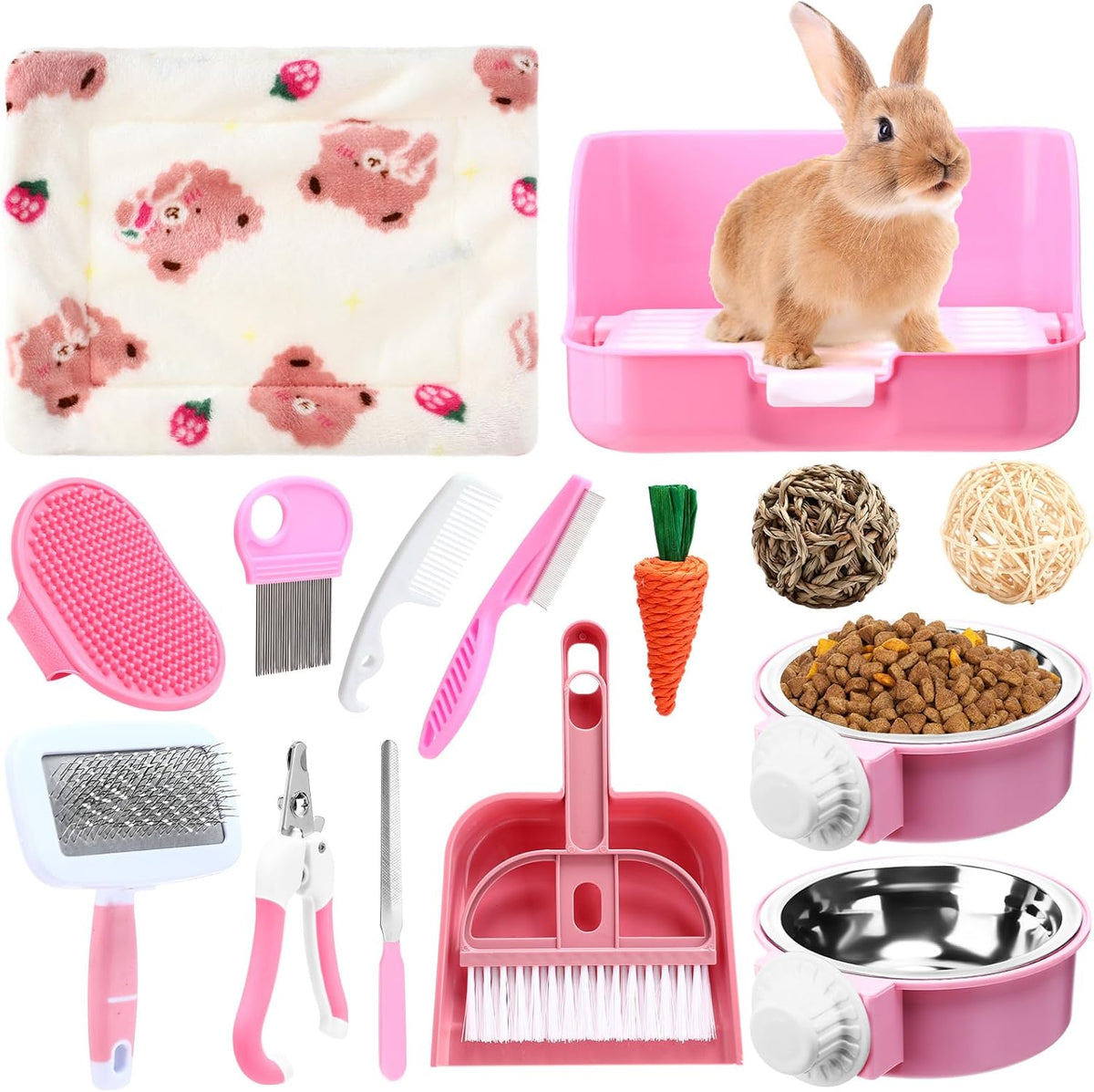 15 Pcs Rabbit Starter Kit Small Rabbit Litter Box Girls Gift Animal Grooming Kit Bunny Toys Bowl Blankets with Cleaning Set for Guinea Pig Accessories(Pink)