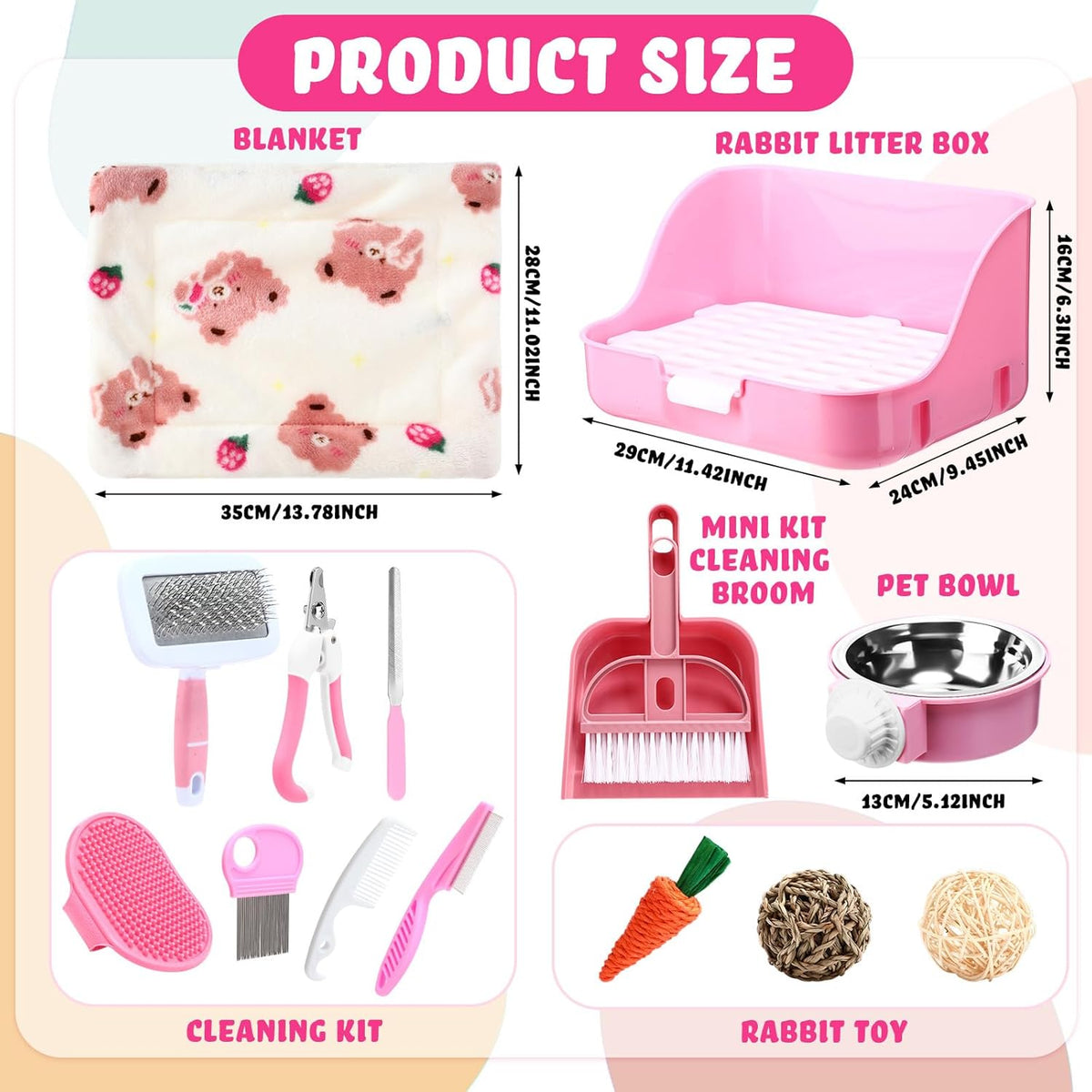 15 Pcs Rabbit Starter Kit Small Rabbit Litter Box Girls Gift Animal Grooming Kit Bunny Toys Bowl Blankets with Cleaning Set for Guinea Pig Accessories(Pink)
