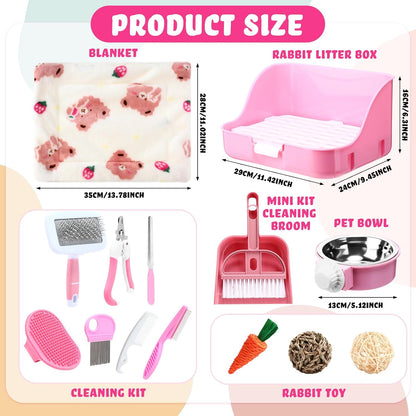 15 Pcs Rabbit Starter Kit Small Rabbit Litter Box Girls Gift Animal Grooming Kit Bunny Toys Bowl Blankets with Cleaning Set for Guinea Pig Accessories(Pink)